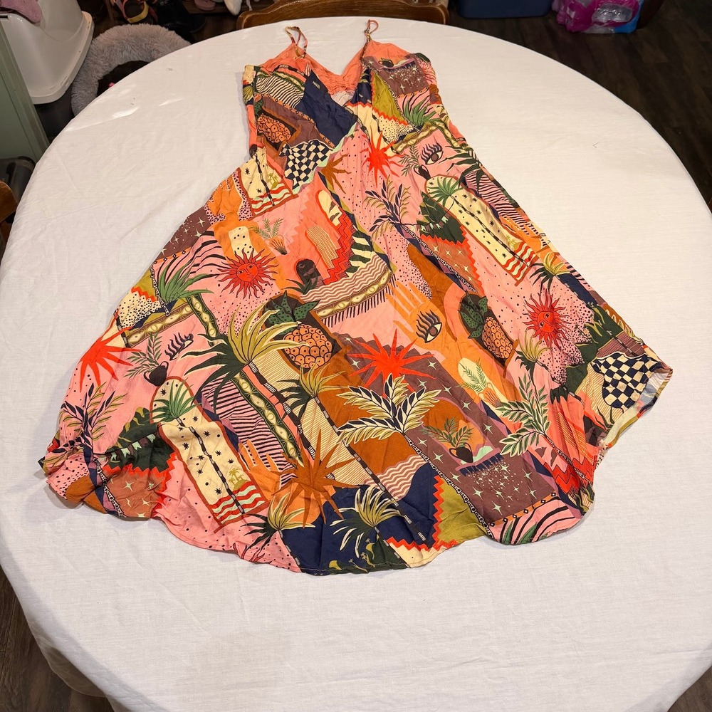 Farm Rio Dress Mixed Tropical Patchwork Midi Mystic City Beaded Tassels Orange L - Picture 3 of 10